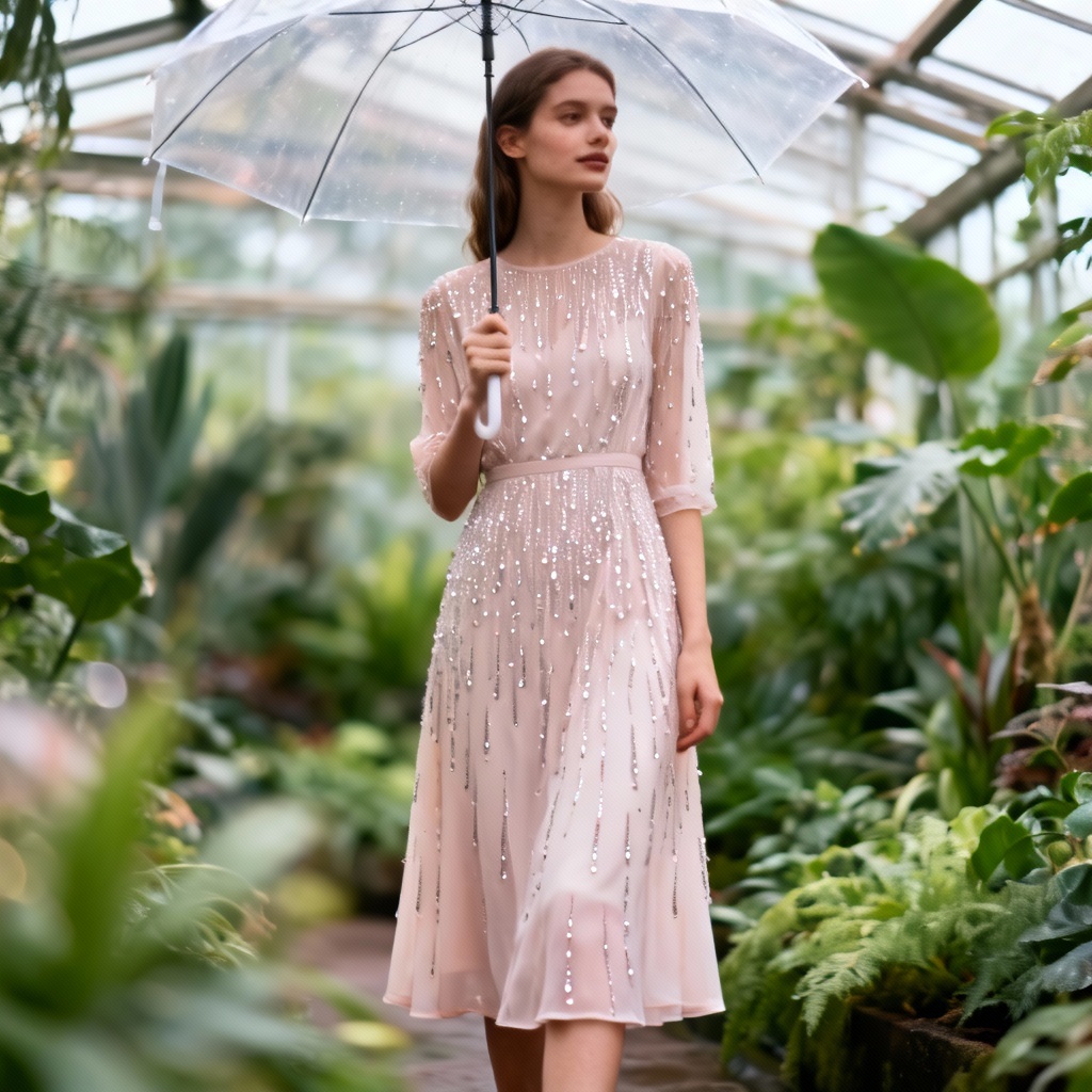 AI rainy day wedding outfit with wet fabric effect