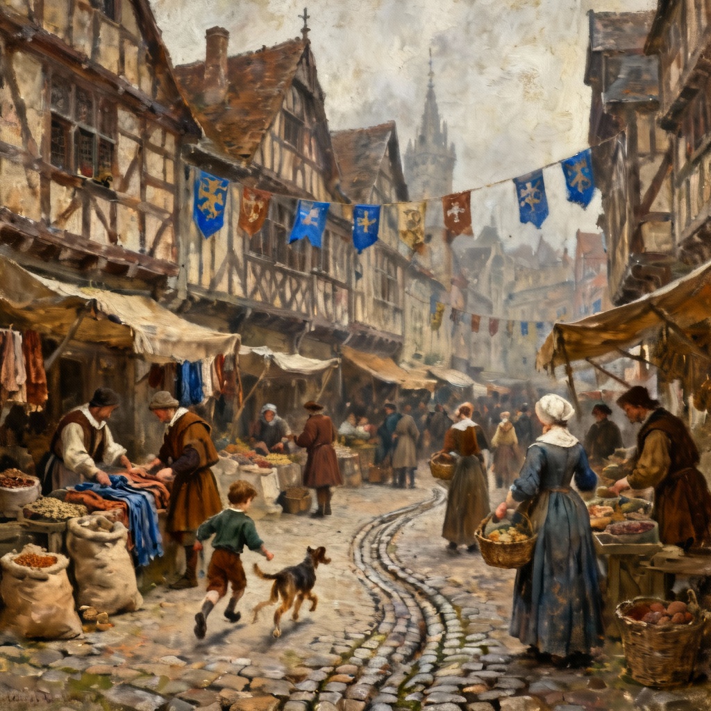 AI medieval European marketplace scene