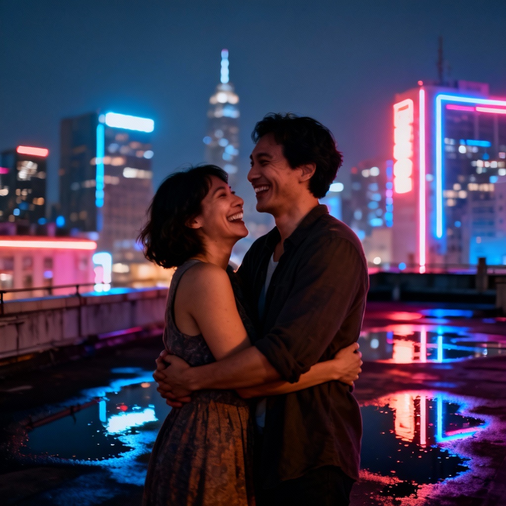 AI fake couple on a neon city rooftop at night