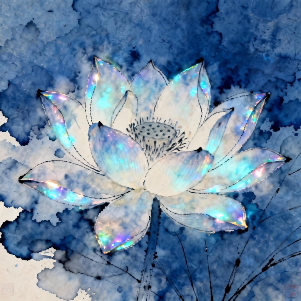 AI watercolor glowing lotus on indigo paper