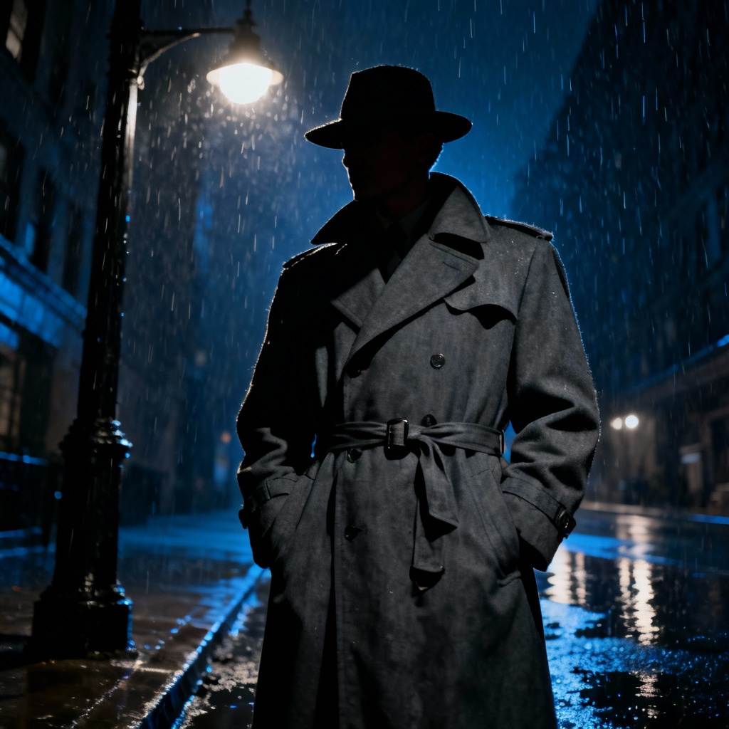 AI film noir detective wearing a charcoal vintage trench coat