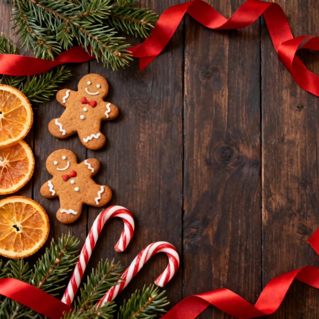 Gingerbread flatlay Christmas desktop wallpaper