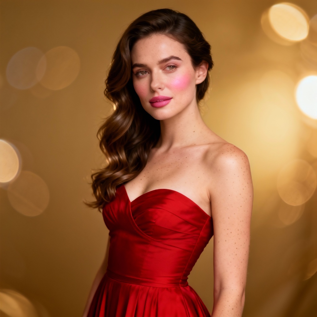 AI hot girl glamour portrait in red evening dress