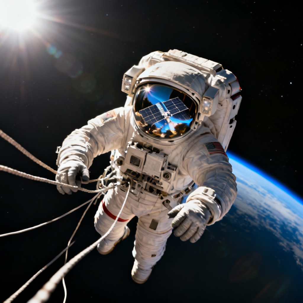 AI cosmonaut suit performing a spacewalk with visor reflections