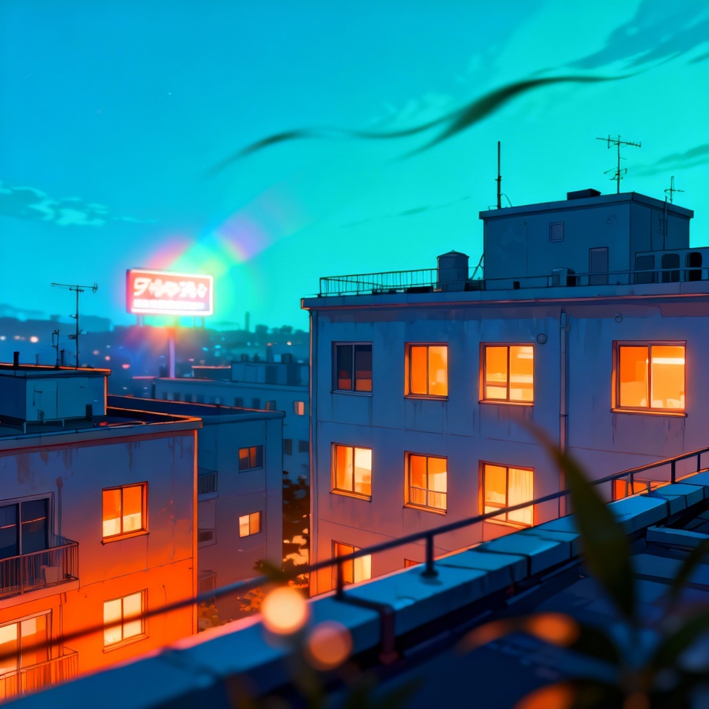 Anime city rooftop at blue hour with warm windows and bokeh