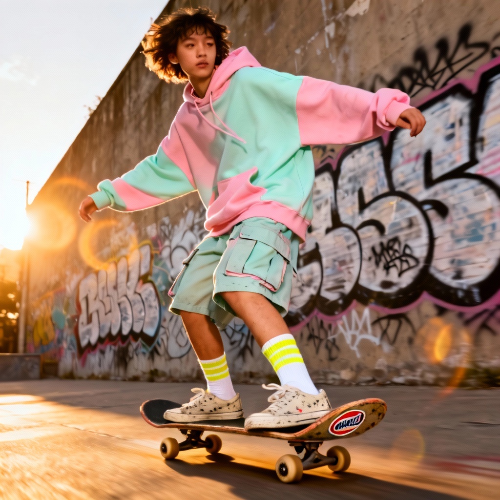 AI pastel skater streetwear outfit with board and baggy layers