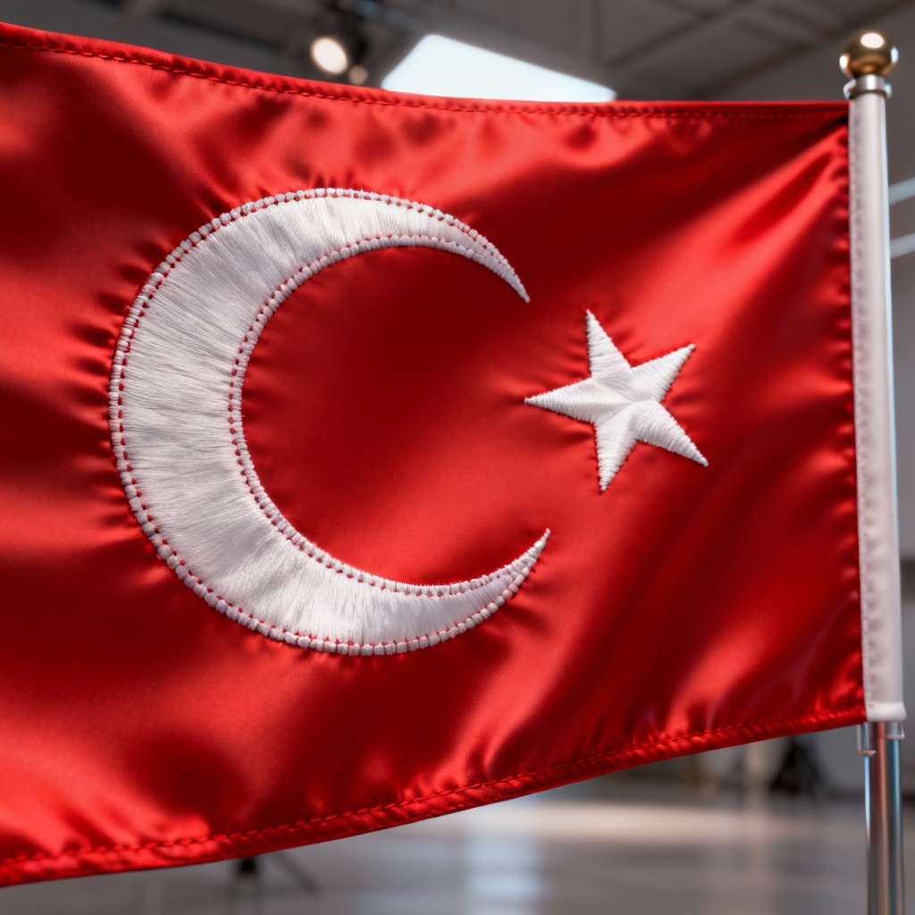 Closeup of Turkish flag silk fabric with realistic folds