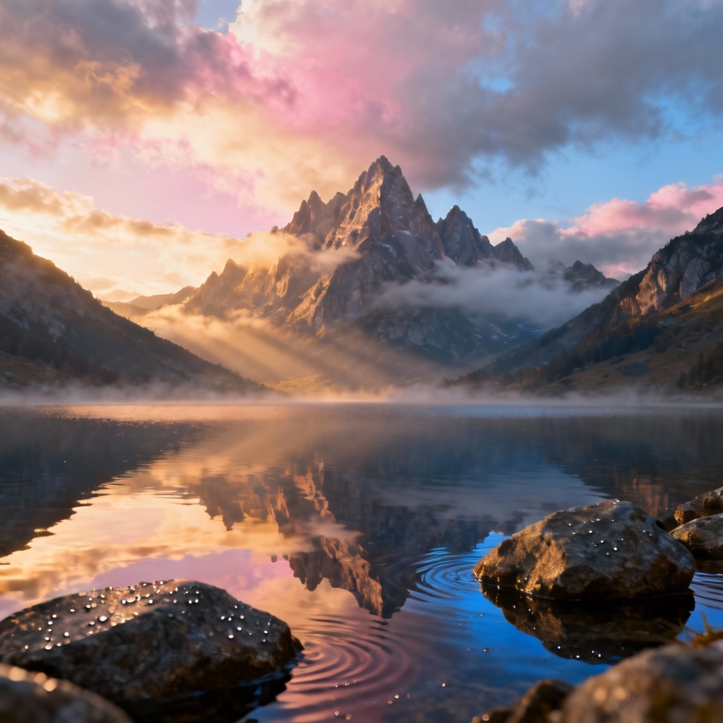 AI fog mountain lake landscape