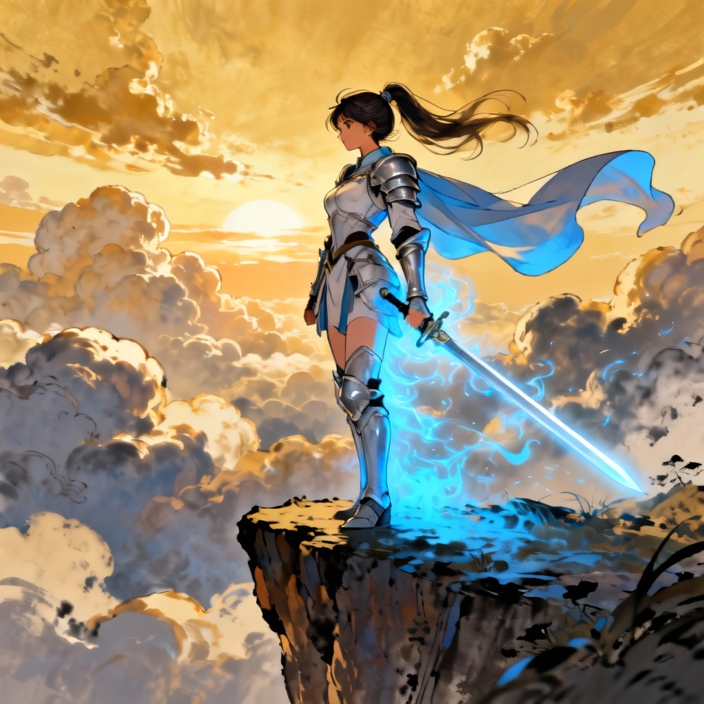 AI manhwa fantasy swordswoman with glowing aura