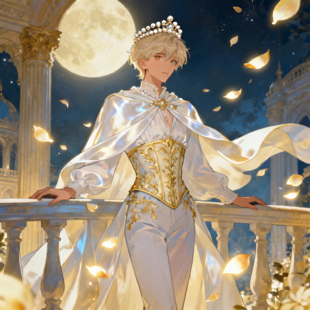 AI fantasy femboy prince on a moonlit balcony