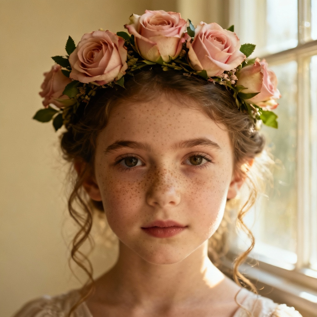 Realistic flower girl portrait with vintage rose crown