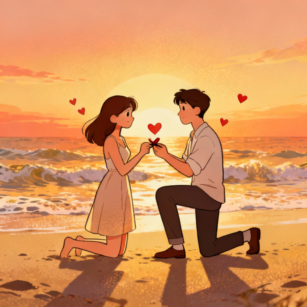 Cartoon couple proposal at sunset beach