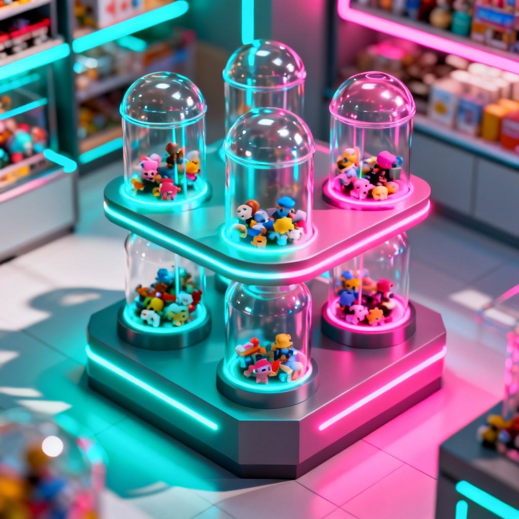 AI capsule toy display tower with micro figures