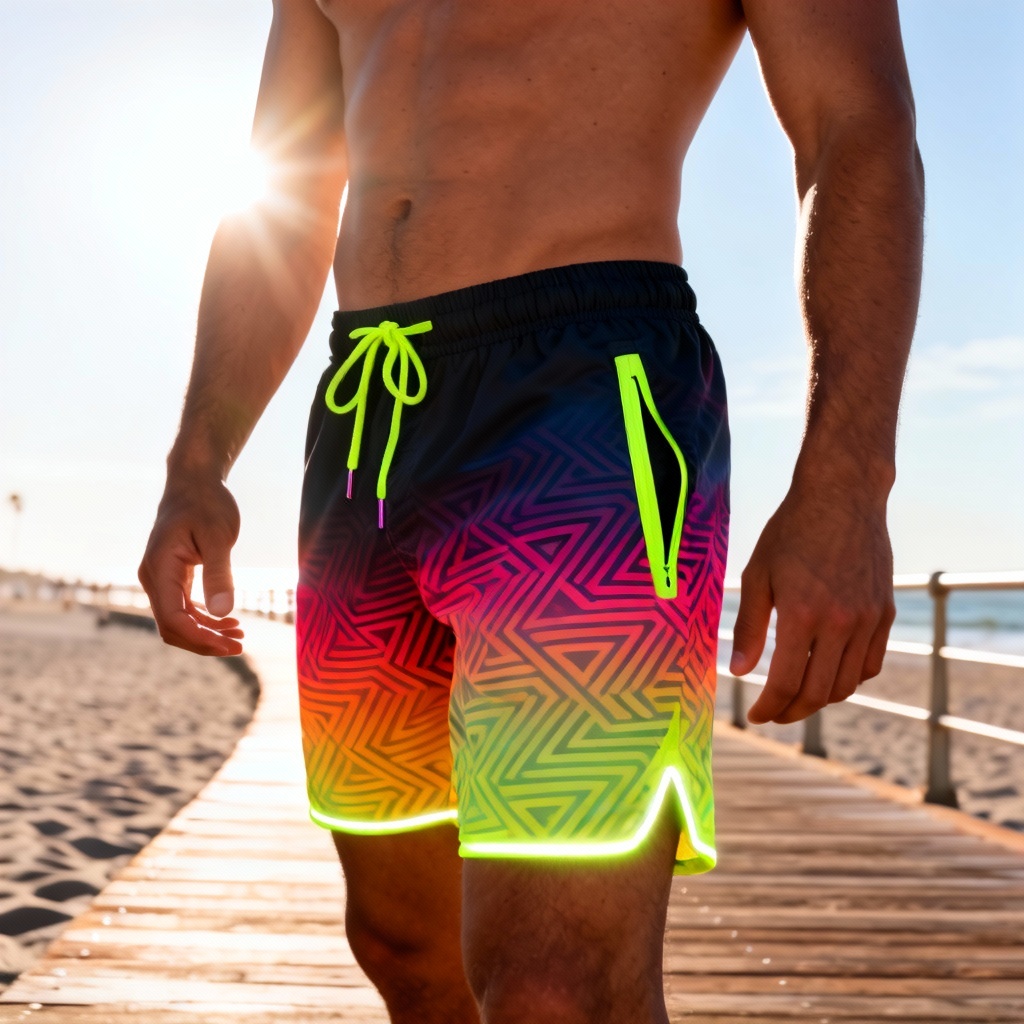 AI neon geometric Y2K swim shorts on-model