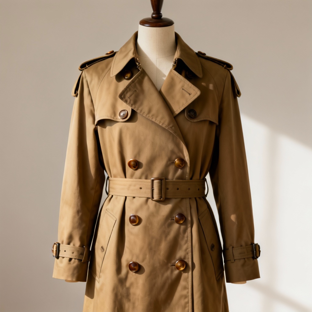 AI generated classic khaki double-breasted vintage trench coat on mannequin