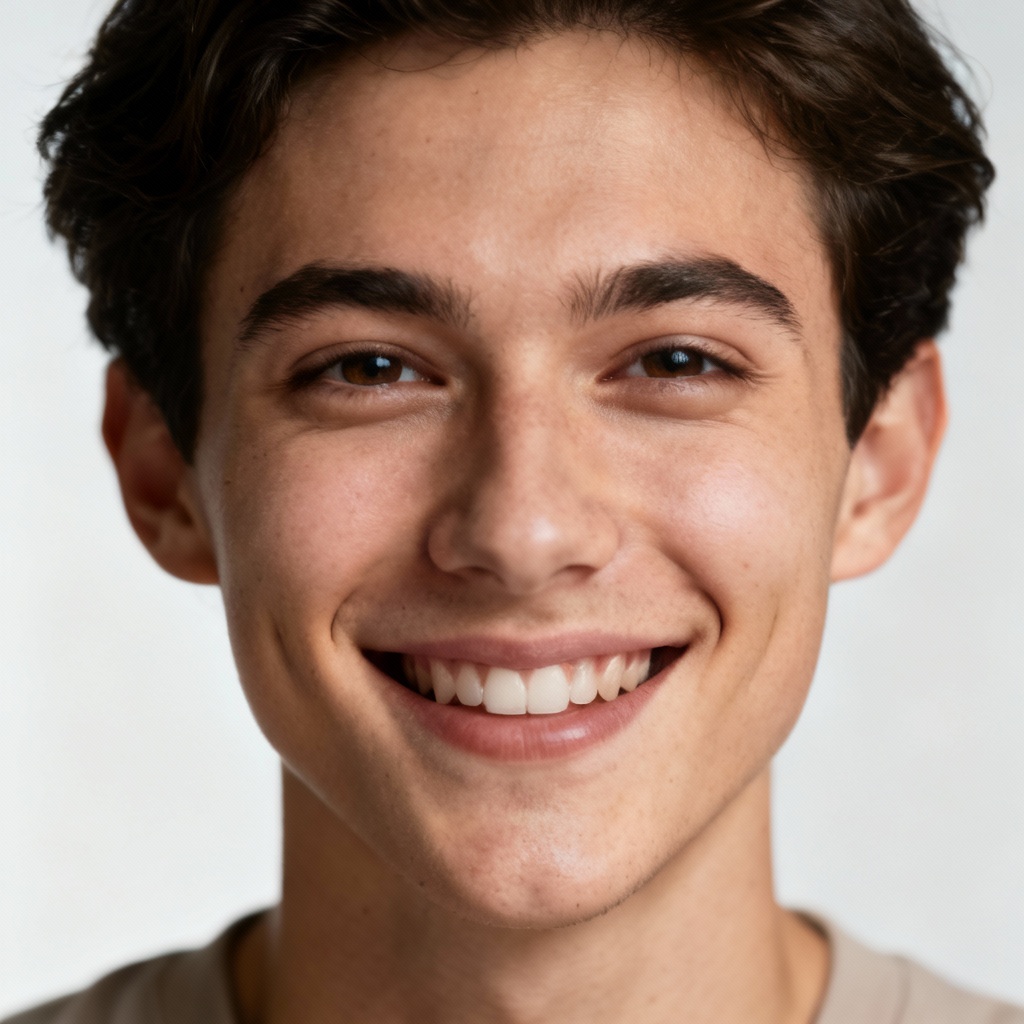 AI face showing joyful expression in a studio portrait