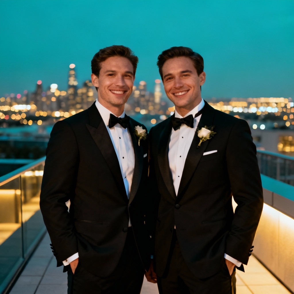 AI two grooms black-tie rooftop wedding portrait