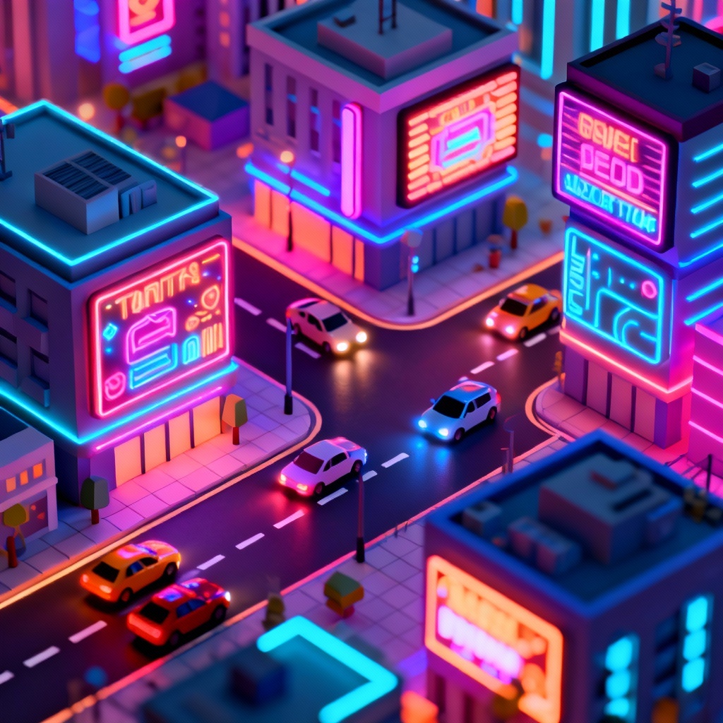 Isometric city loop with traffic and neon signs