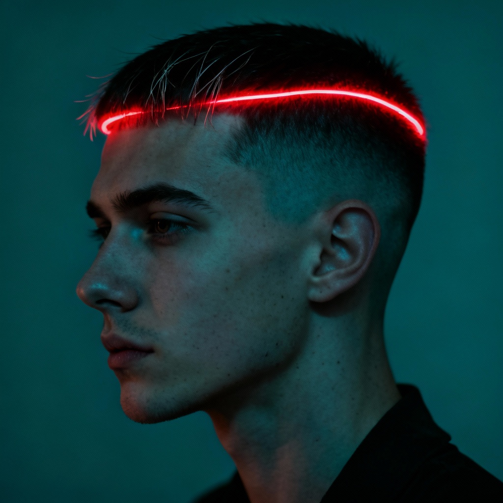 Male fade hairstyle with neon rim glow
