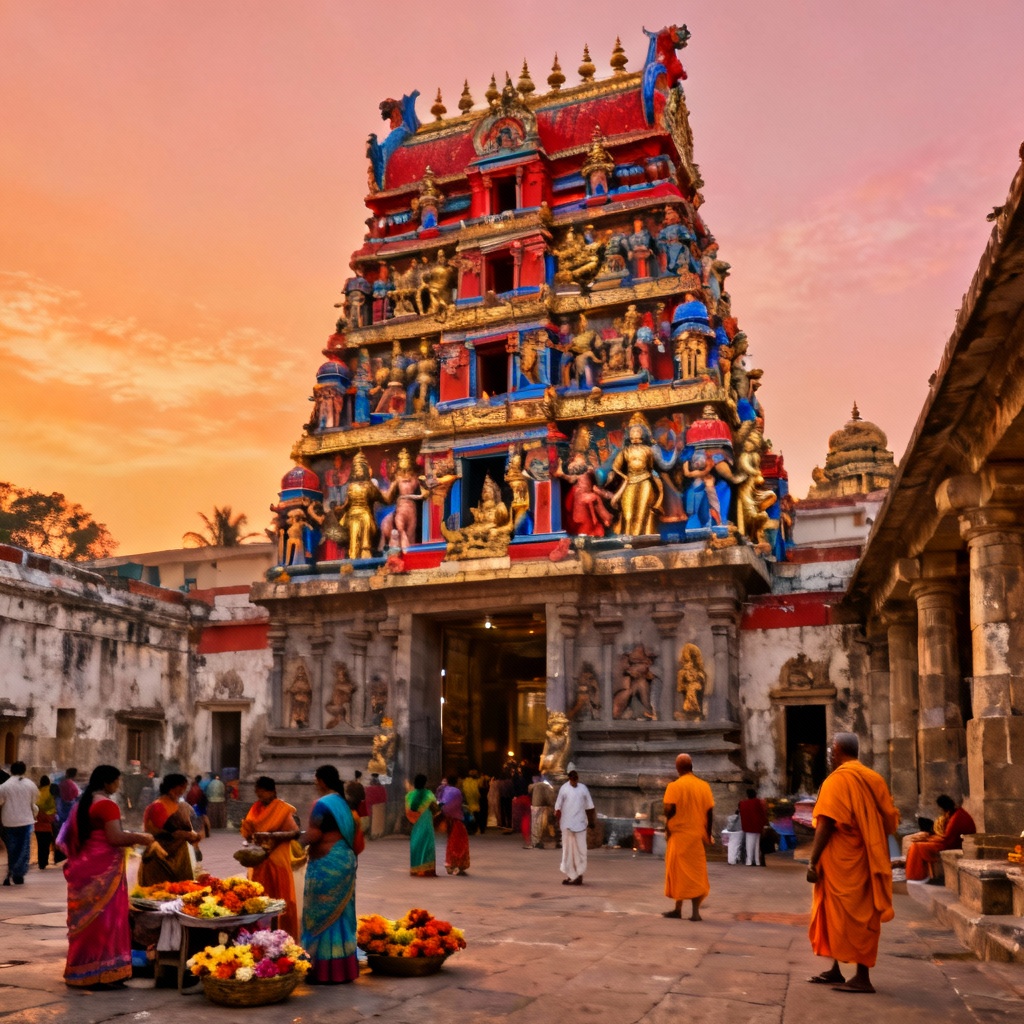 AI Dravidian temple gopuram with colorful deity sculptures