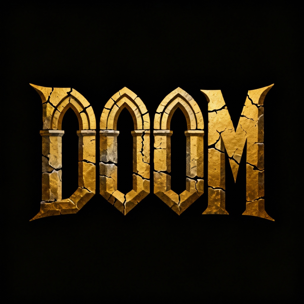 AI doom metal monogram with cathedral arches and stone texture