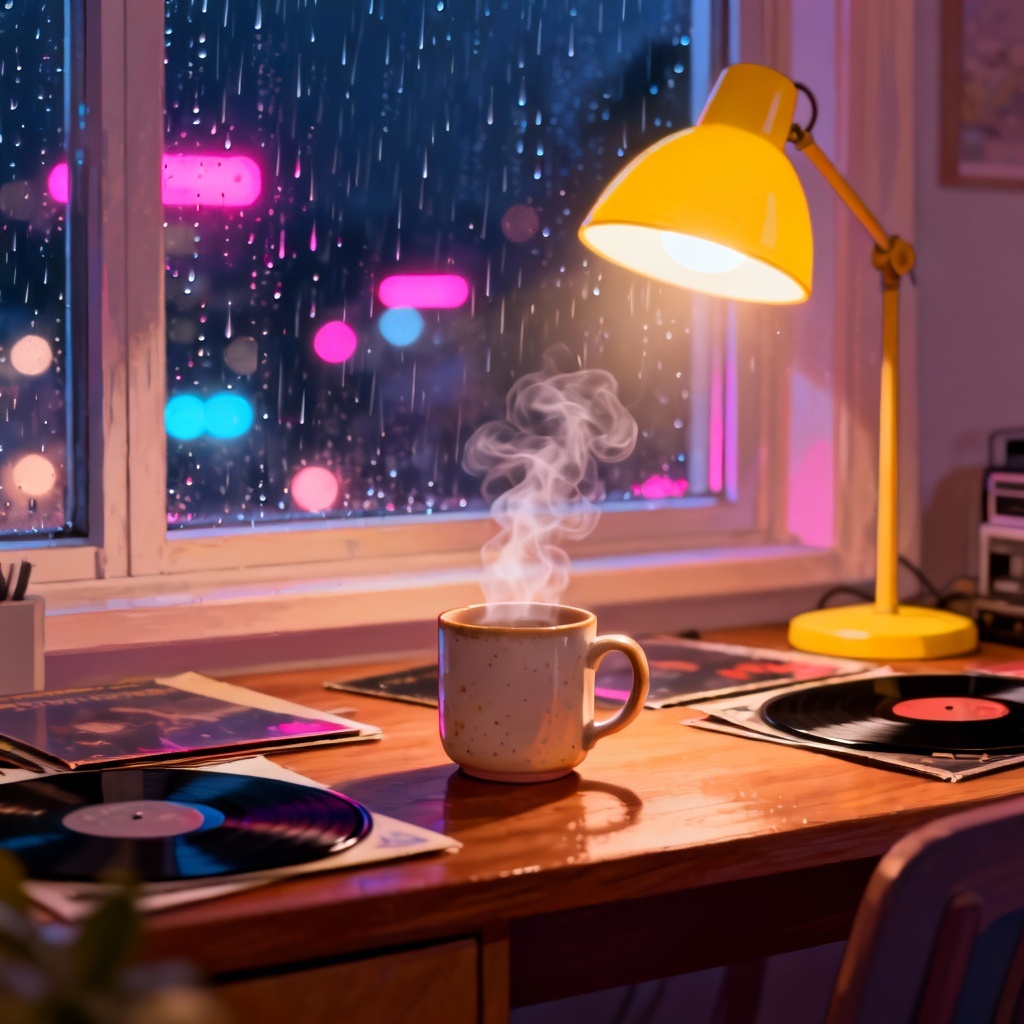 AI chill vibe artwork of a cozy desk by a rainy window