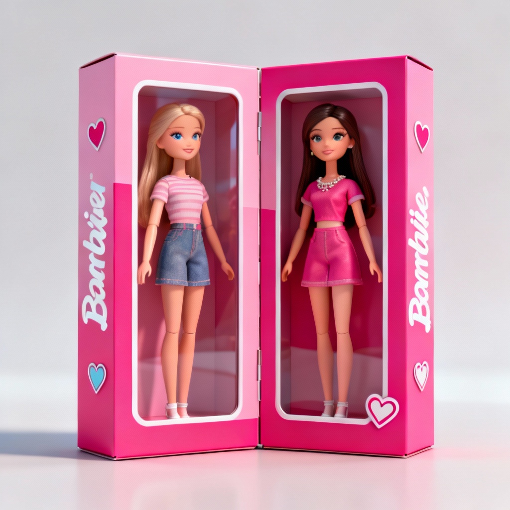 Two friends in a split pink doll box frame