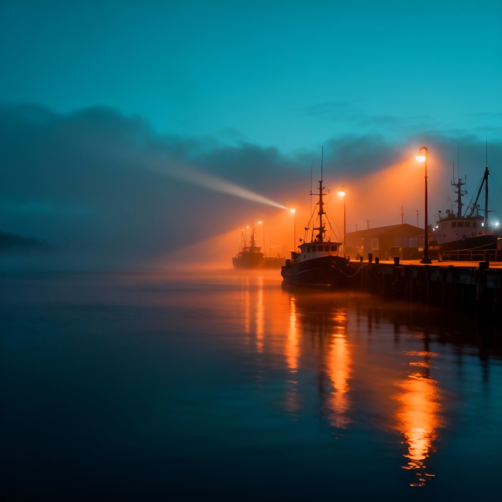 Photorealistic harbor scene with volumetric fog