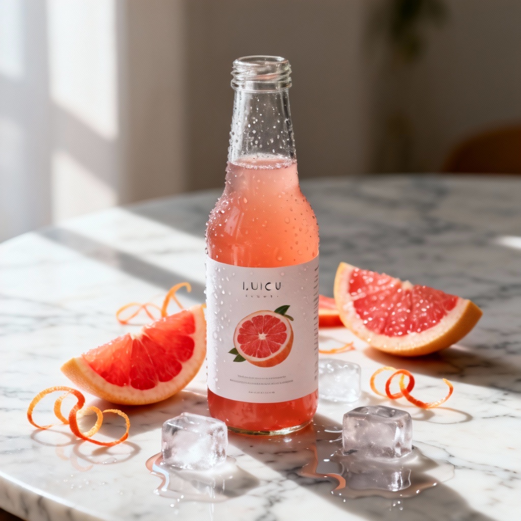 AI grapefruit bottle label mockup with fruit visuals