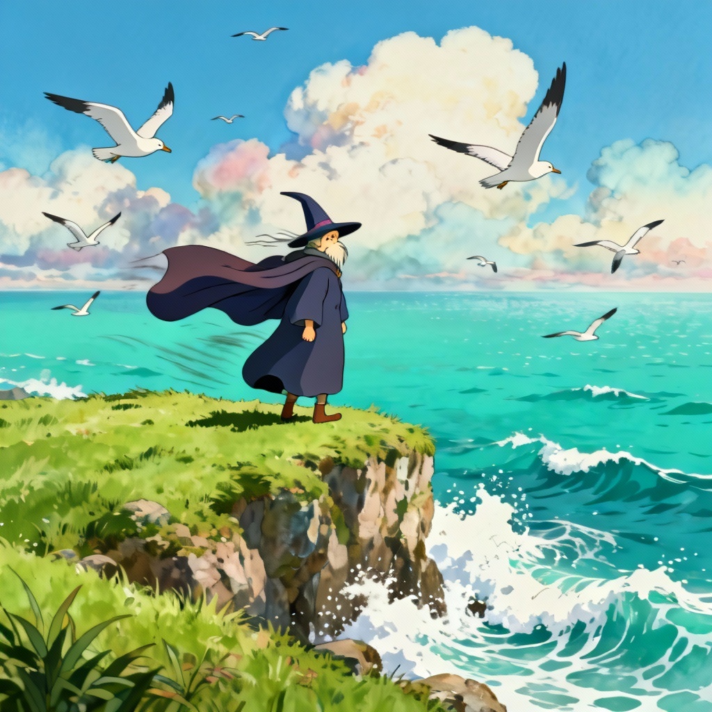 AI ghibli wizard on a windy seaside cliff with gulls