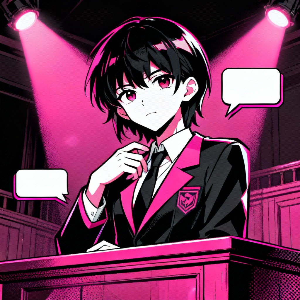 Danganronpa-style hero portrait with neon pink and black courtroom lighting
