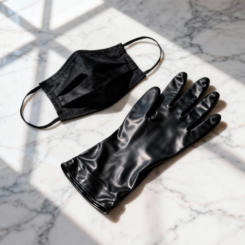 AI latex gloves and mask product mockup flat lay
