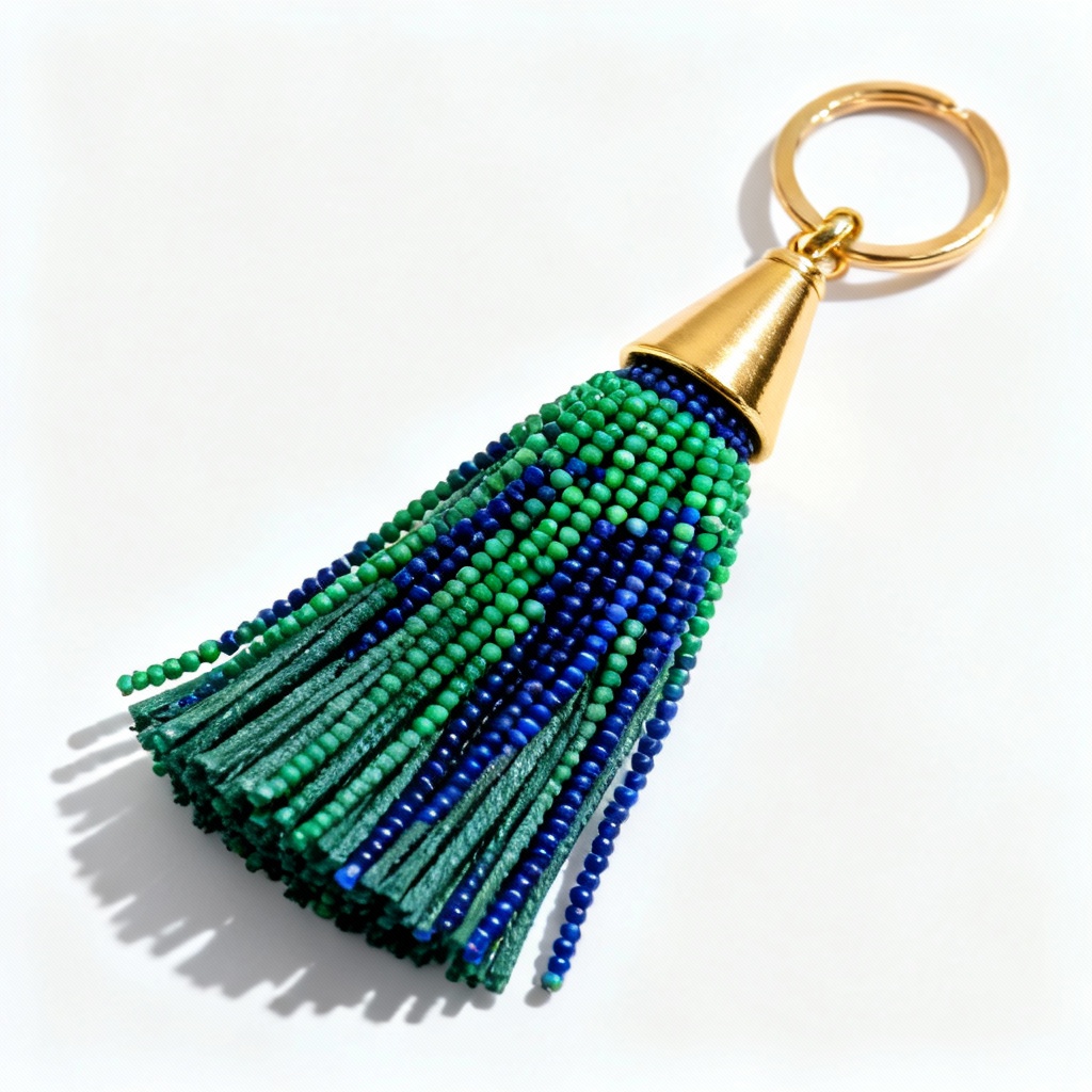 AI beaded tassel keychain in jewel tones with gold findings