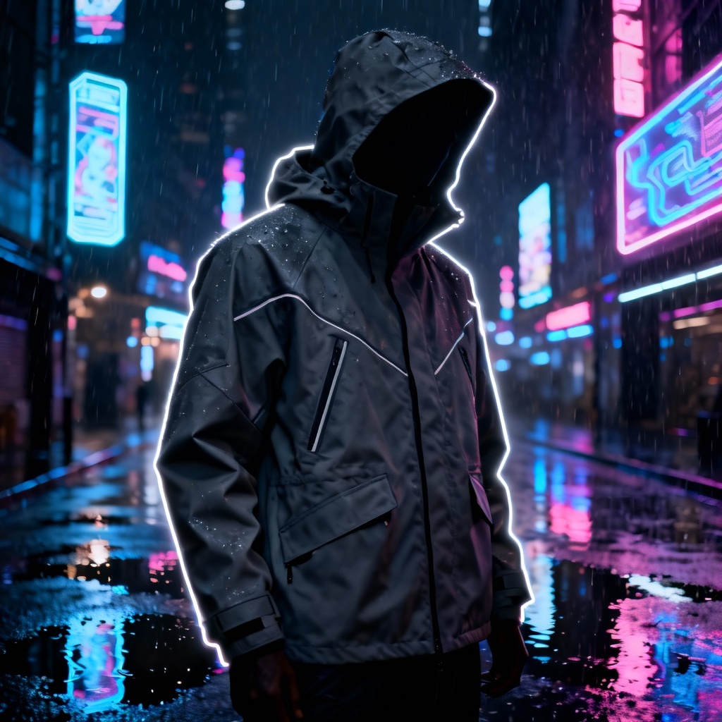 Techwear shell jacket in neon night scene