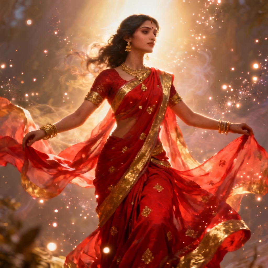 AI red saree goddess concept art