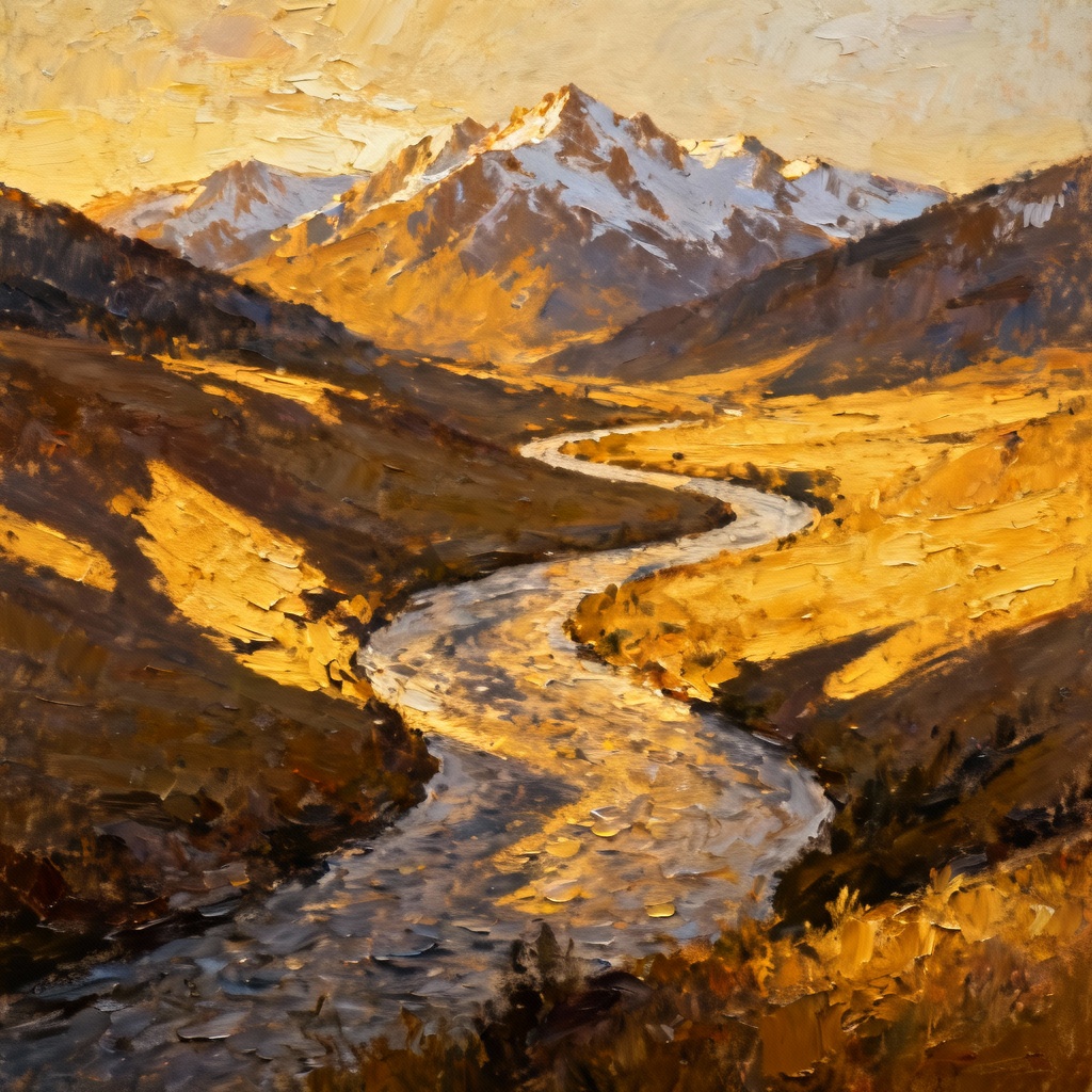 AI landscape oil painting of a golden valley at sunset