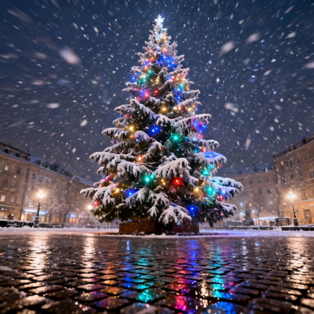 Snowy outdoor plaza Christmas tree at night