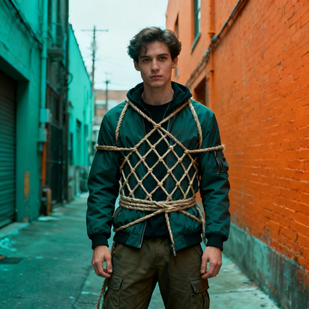 AI streetwear rope harness editorial photo, SFW