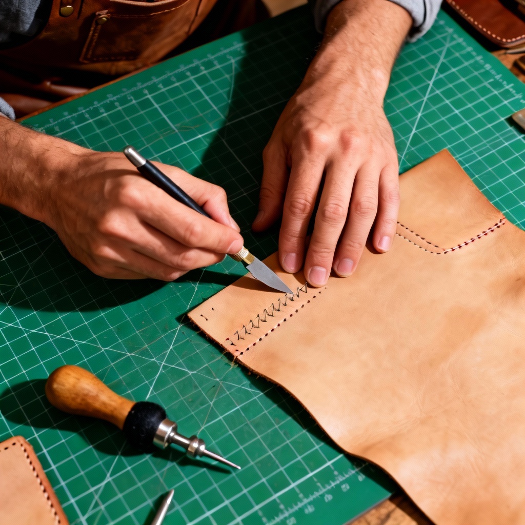 AI leathercraft maker cutting hide with tools on table
