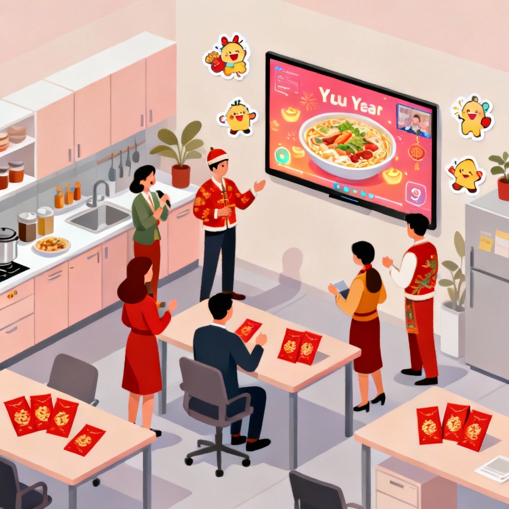 Isometric office celebrating a virtual Lo Hei toss