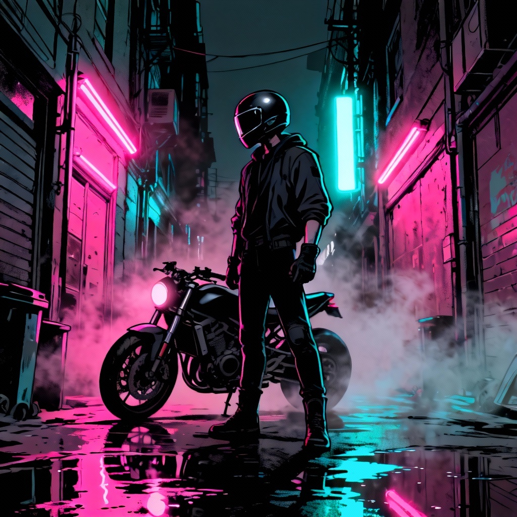 AI GTA-style biker in neon alley with bold outlines