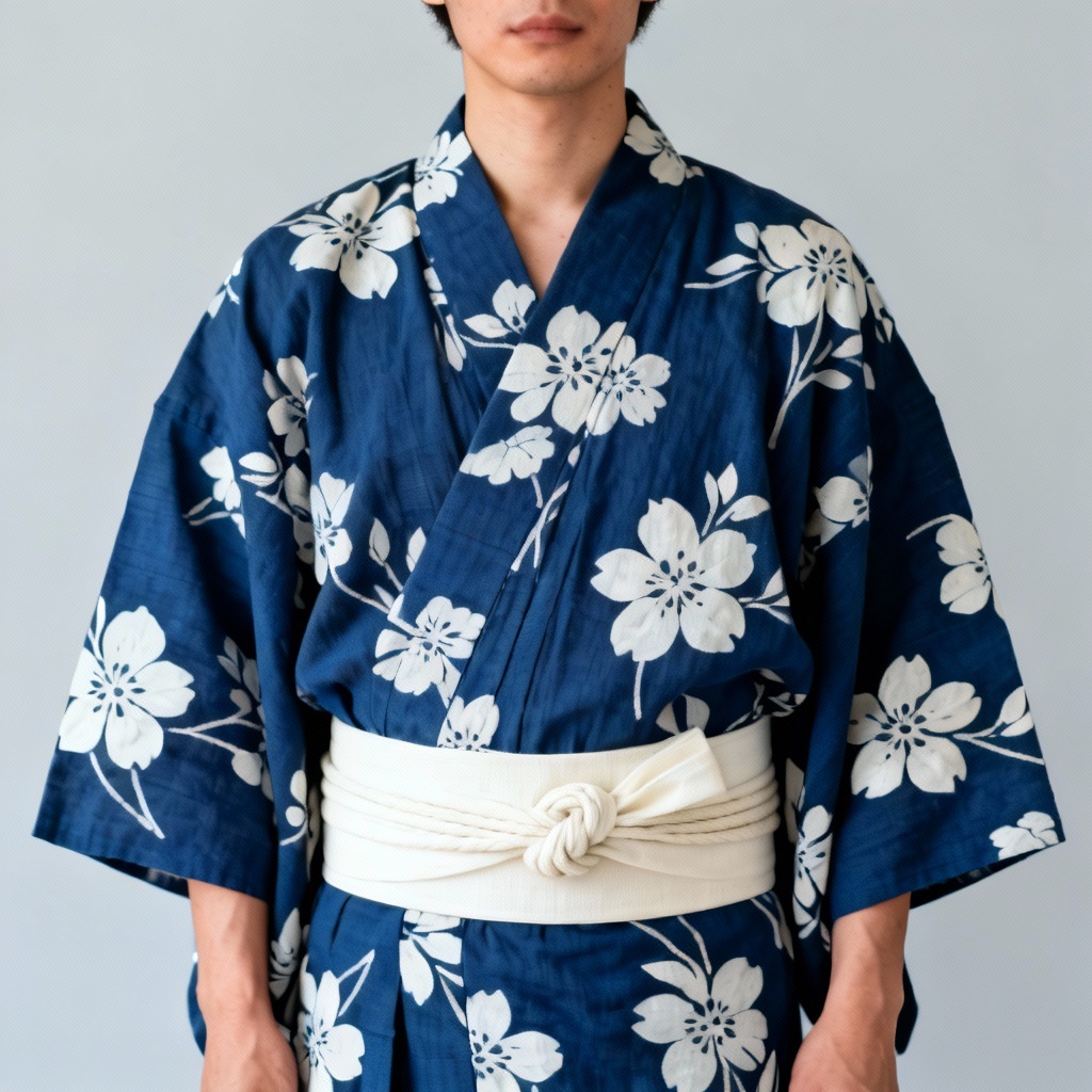 AI yukata try-on preview with indigo floral yukata and ivory obi