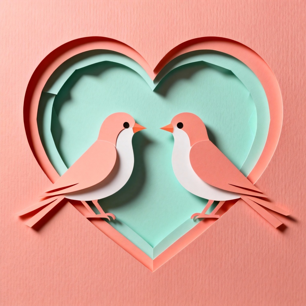 AI paper cut lovebirds in layered hearts