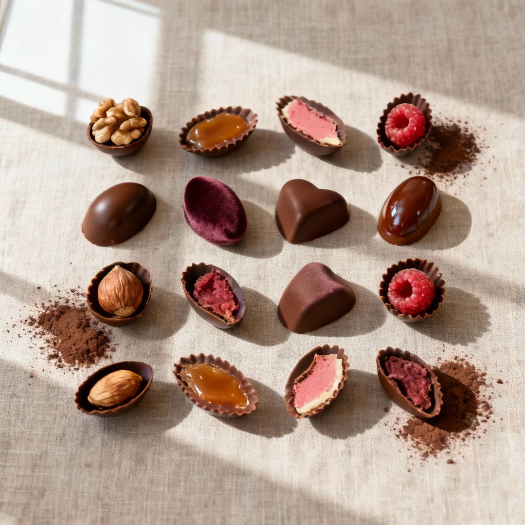 Flatlay of assorted chocolate pralines in grid