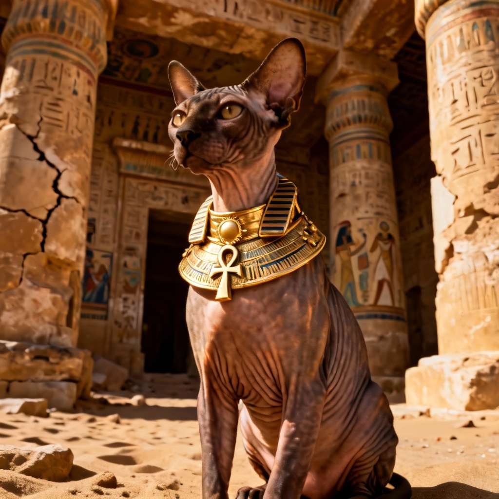 Royal sphynx cat with gold pharaoh collar