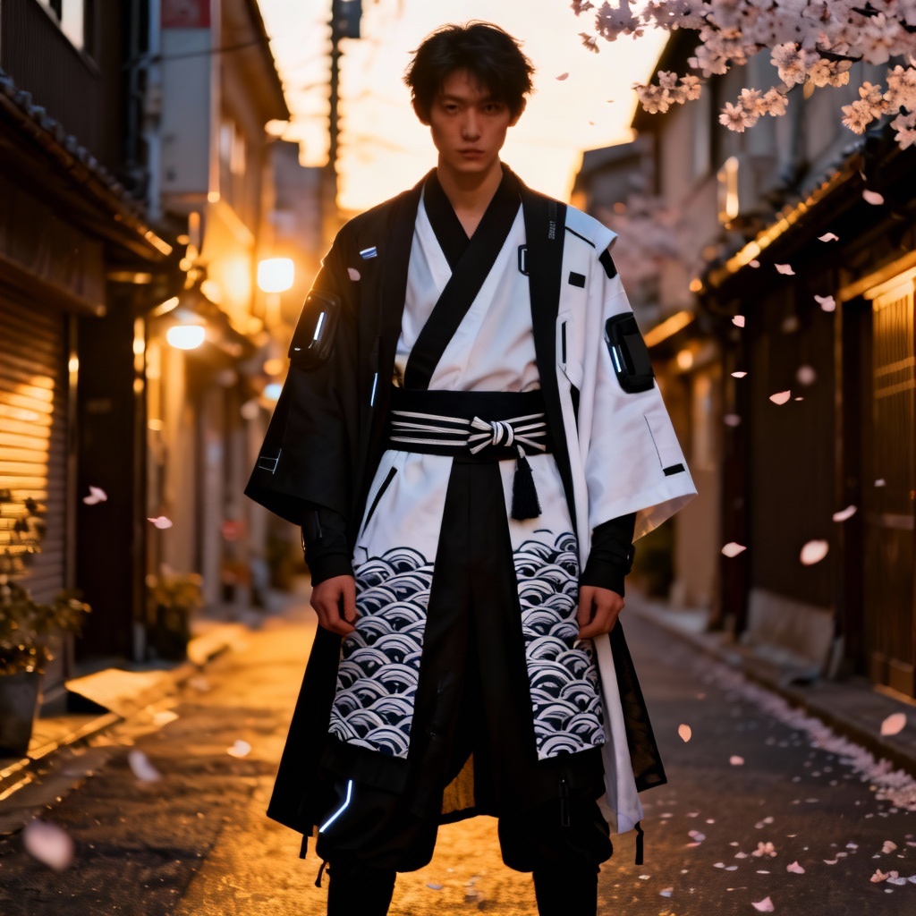 AI Japanese outfit combining modern streetwear with kimono and haori