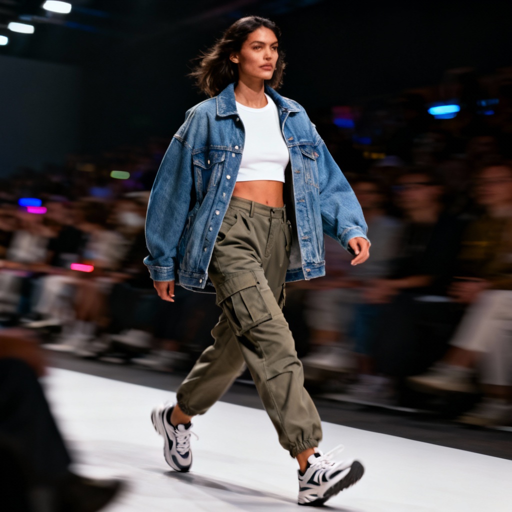 Adult model girl in streetwear walking runway