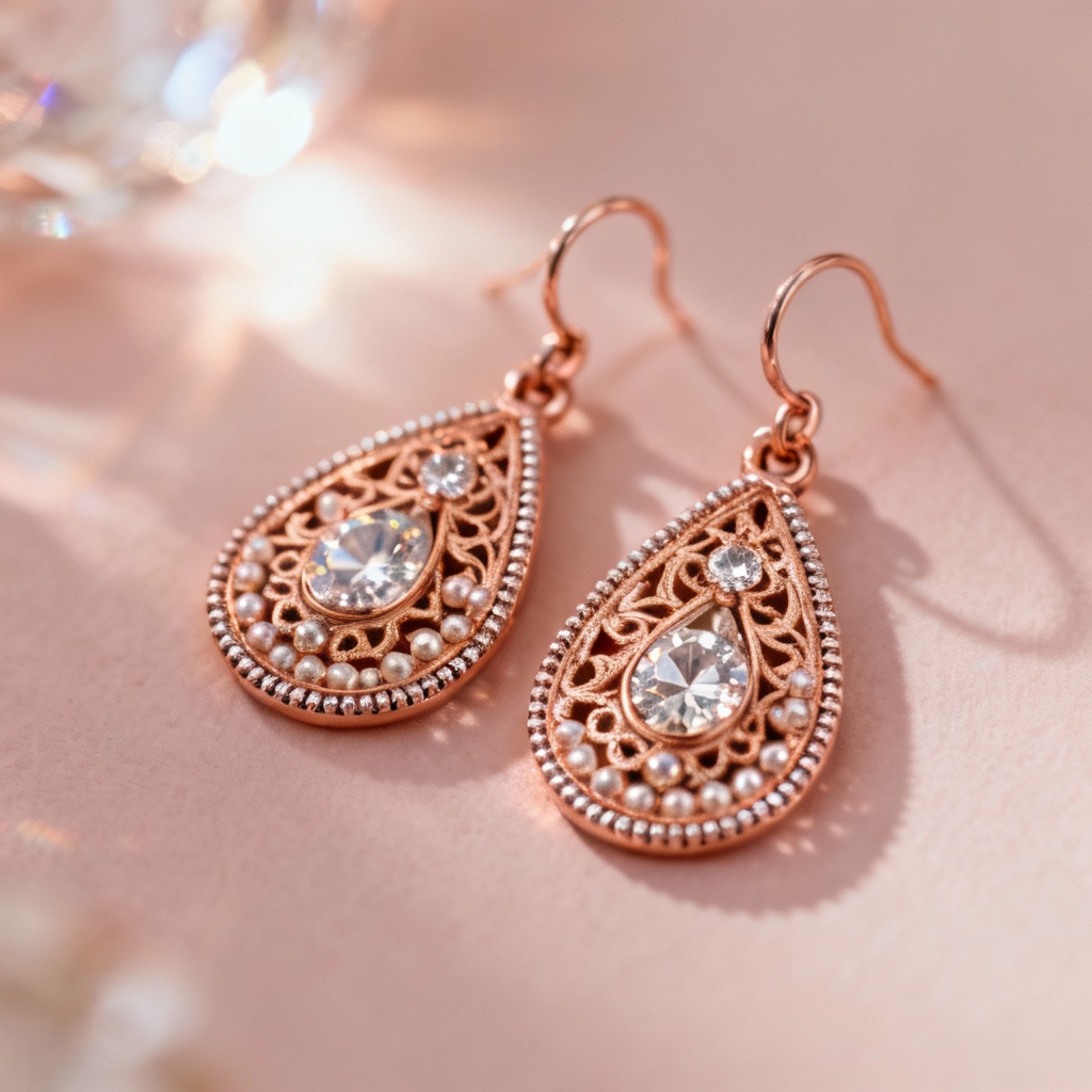 AI vintage filigree rose gold drop earrings