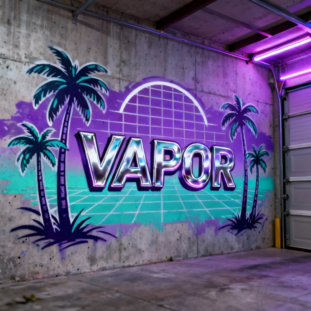 Vaporwave graffiti mural with chrome letters and neon grid sun