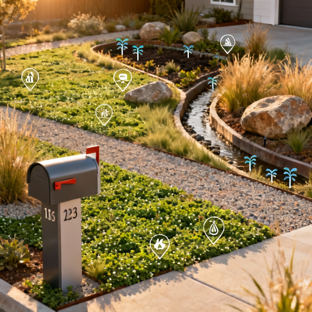 AI xeriscape lawn alternative with clover and gravel